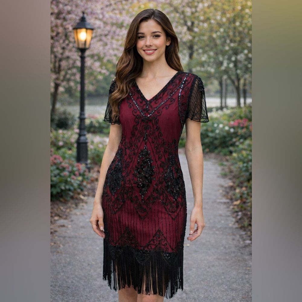 Embellished & Beade Burgundy and Black Fringe Midi Dress